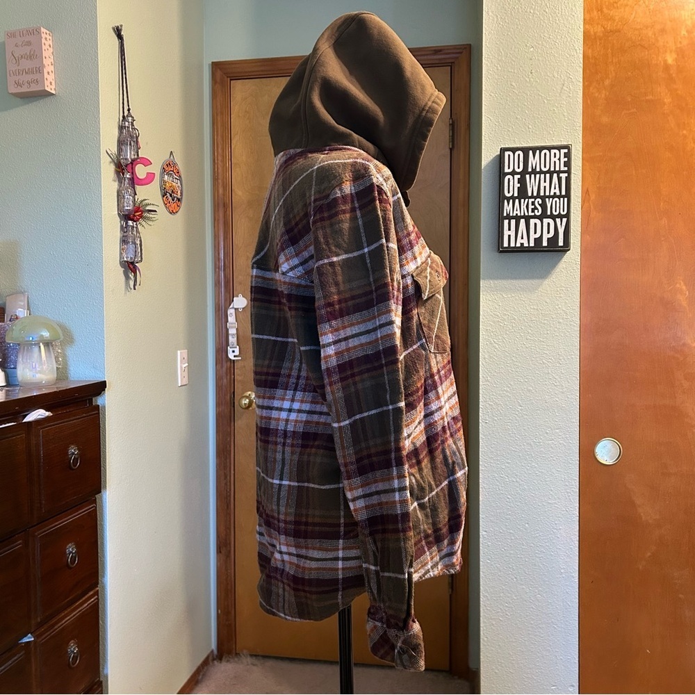 Columbia brown plaid flannel shacket with hood size XL gorpcore outdoors grunge - Picture 2 of 9